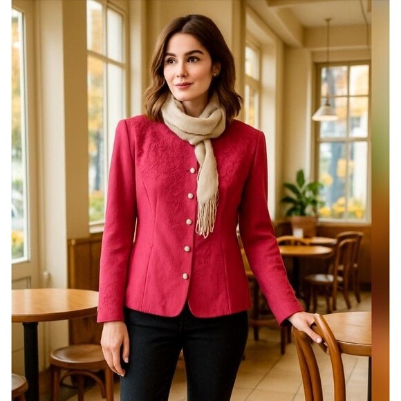 Karen Lawrence Womens Blazer 12 Pink Embroidered Pearl Button 67% Rayon Vintage - Picture 1 of 16